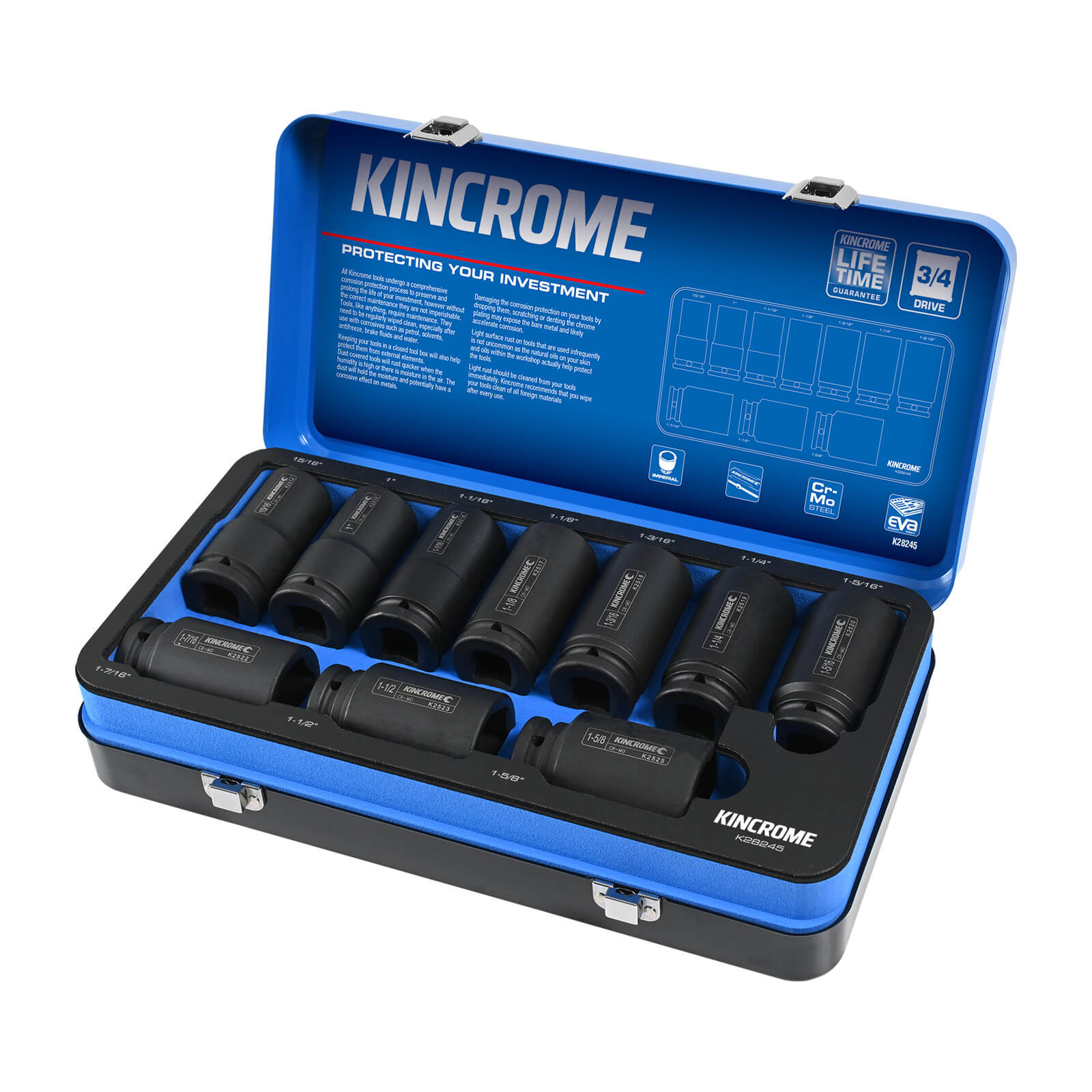 10Pce 3/4" Drive Deep Impact Socket Set Imperial K28245 By Kincrome