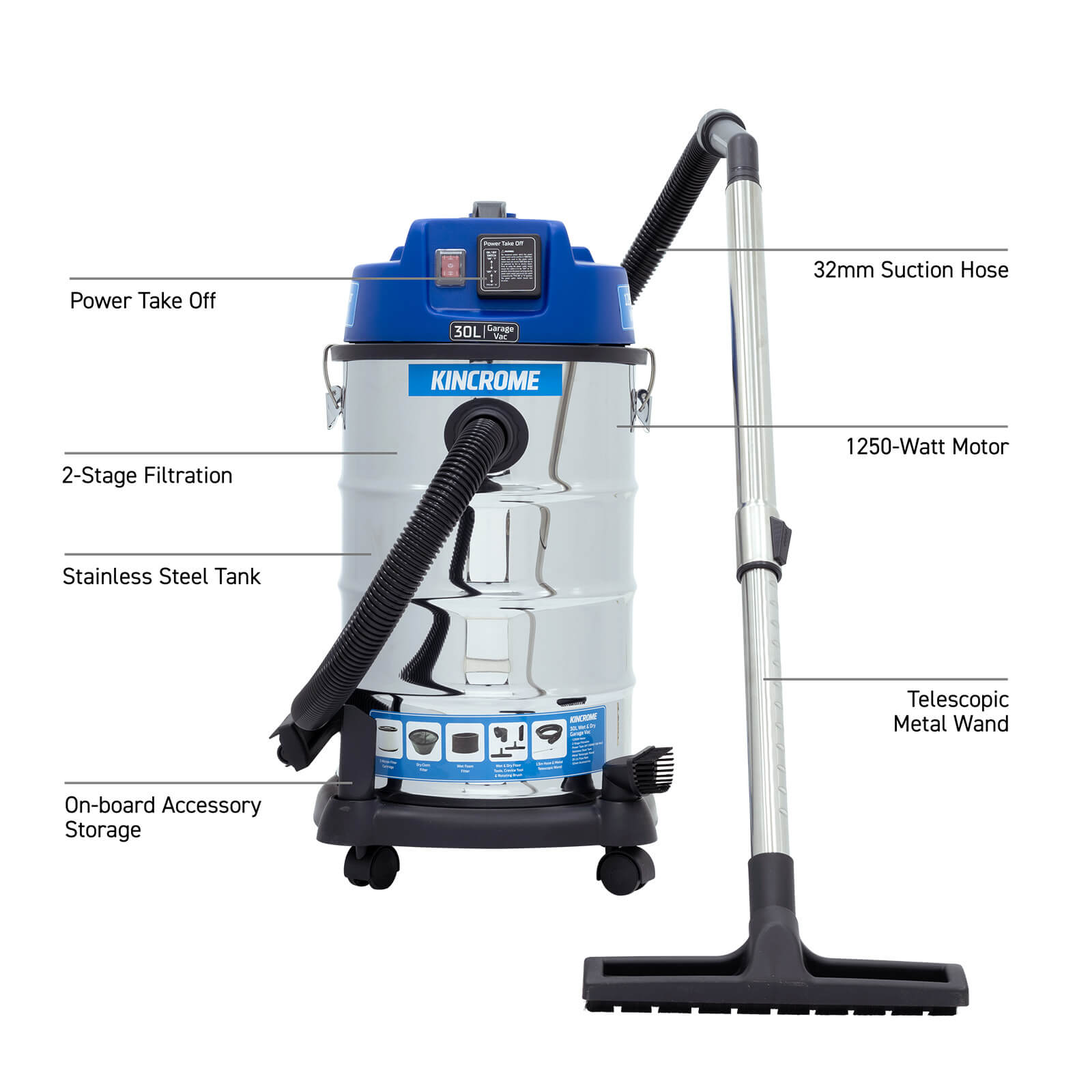 Kincrome 30L 1250W Wet + Dry Garage Vacuum KP703