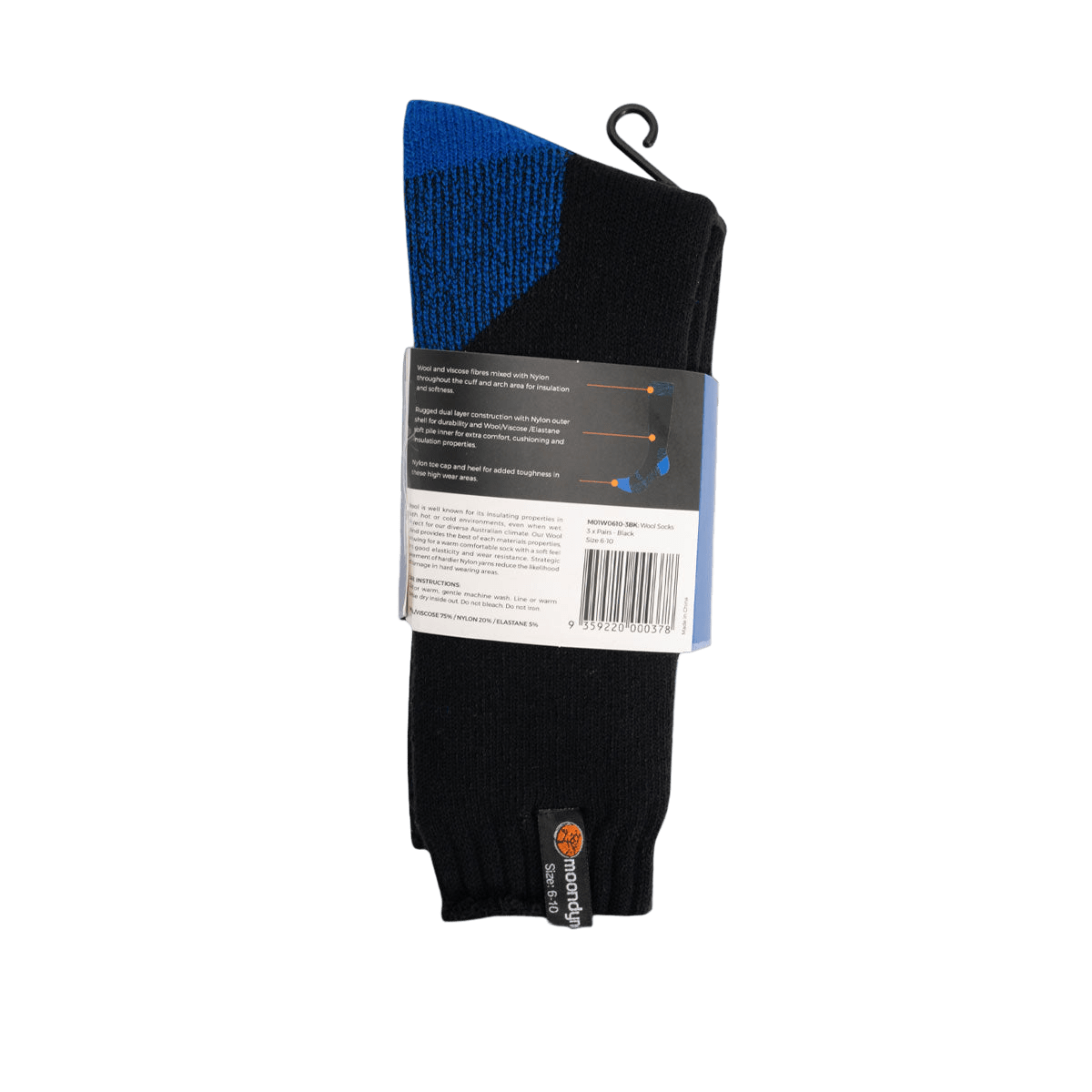 Premium 3 Pair Wool Socks Black Size 6-10 M01W0610-3BK by Moondyne