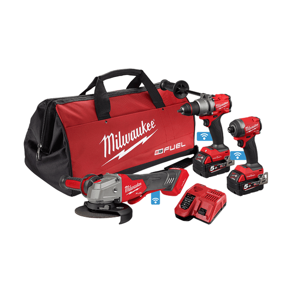 Milwaukee 18V 5.0AH 3Pce FUEL™ ONE-KEY™ Hammer Drill + Impact Driver + Angle Grinder Kit M18ONEPP3A3502B by Milwaukee