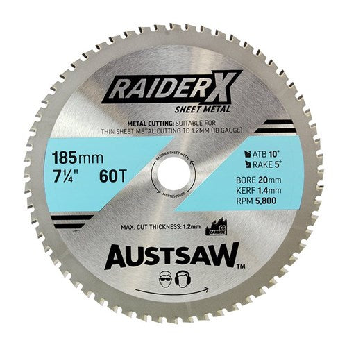 RaiderX Sheet Metal Blade 185mm x 20 x 60T MBR1852060S by Austsaw