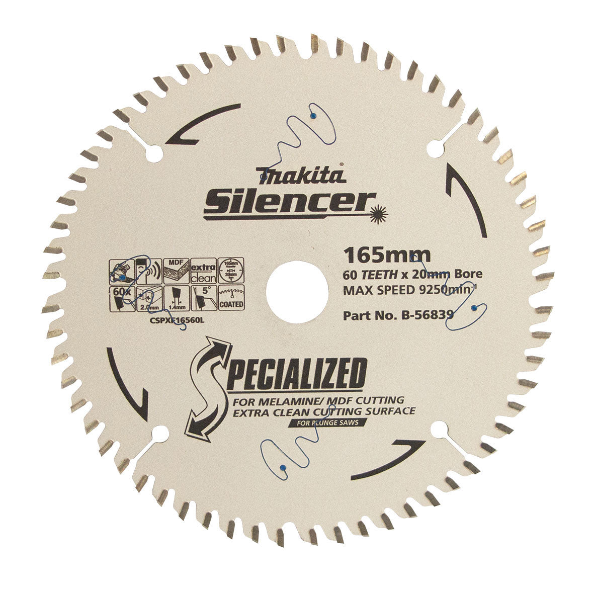 Makita 165mm x 20mm x 60T Fine Wood TCT Plunge Saw Blade B-56839