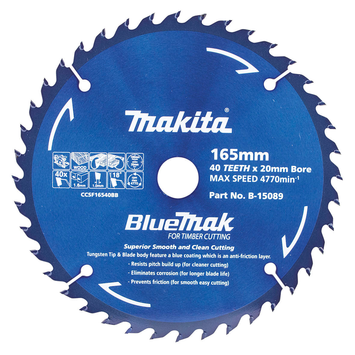 Makita 165mm x 20mm x 40T BlueMak TCT Circular Saw Blade B-15089