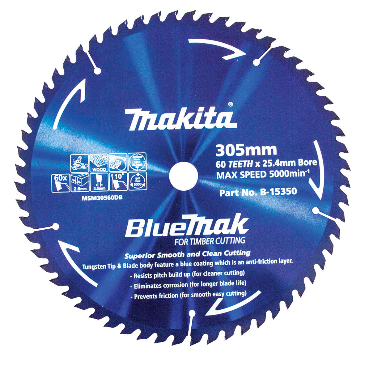 Makita BLUEMAK 305mm x 25.4mm x 60T TCT Circular Mitre Saw Blade for Wood Cutting B-15350