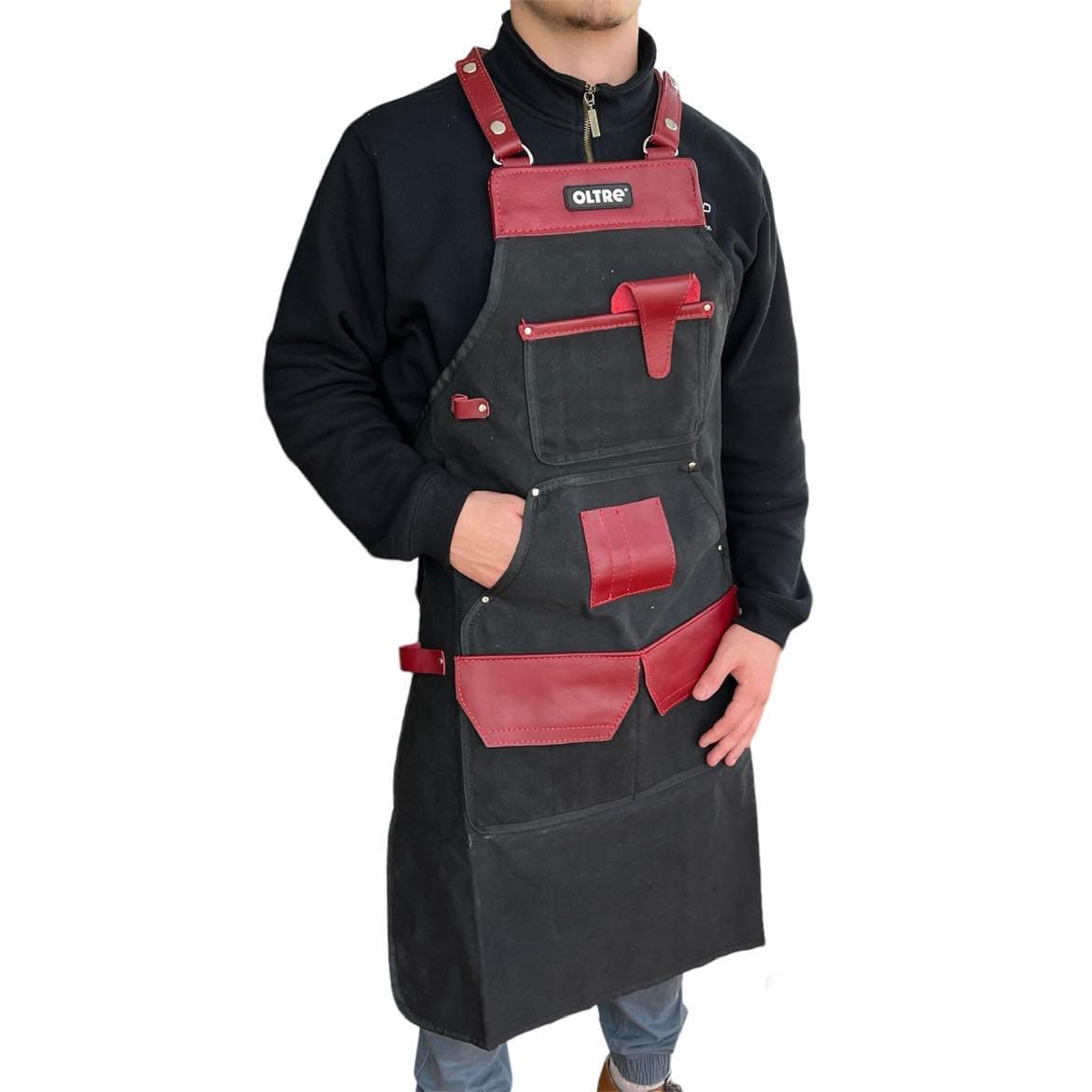 Oltre Black Canvas With Red Leather Apron