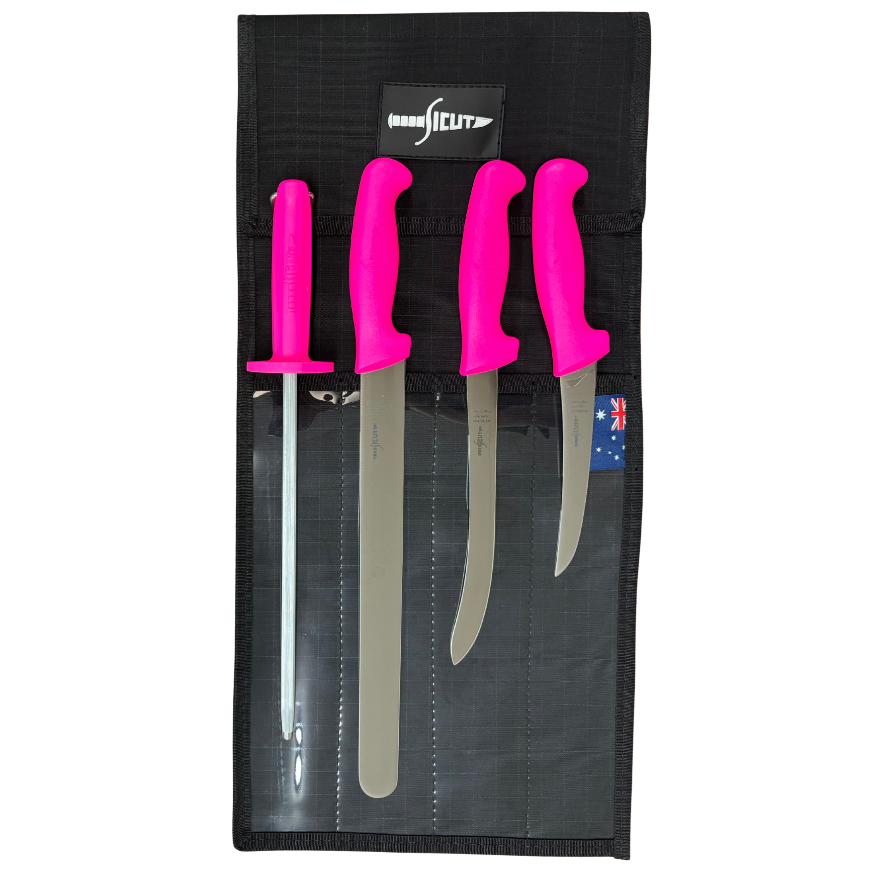 Sicut Fisherman Knife Package – Pink Handle Set with Heavy Duty Canvas Wrap *Limited Edition* SCKPFMPINK | 4Pce