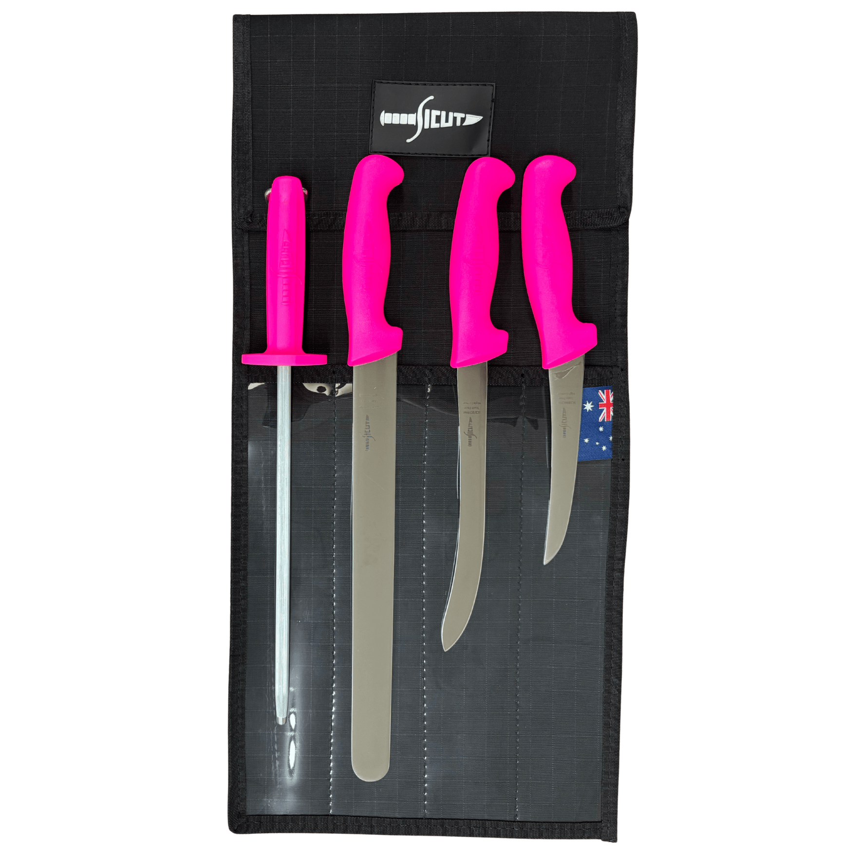Sicut Fisherman Knife Package – Pink Handle Set with Heavy Duty Canvas Wrap *Limited Edition* SCKPFMPINK | 4Pce