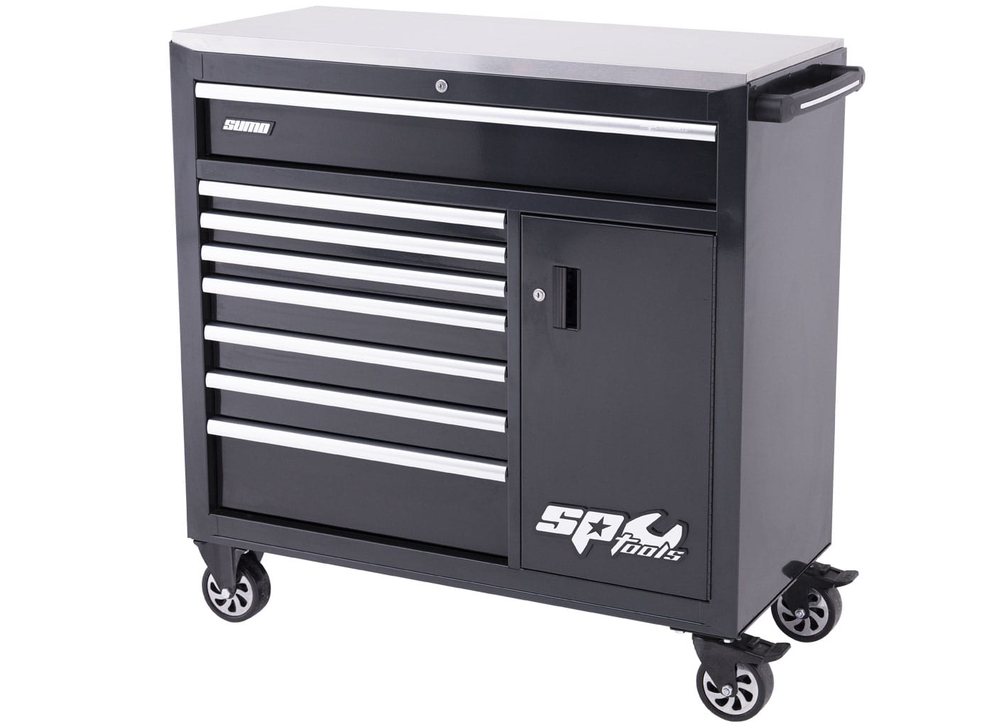 SP Tools Sumo Series 9 Drawer Black Roller Cabinet Tool Trolley (Empty) with Power Tool Cabinet SP40118