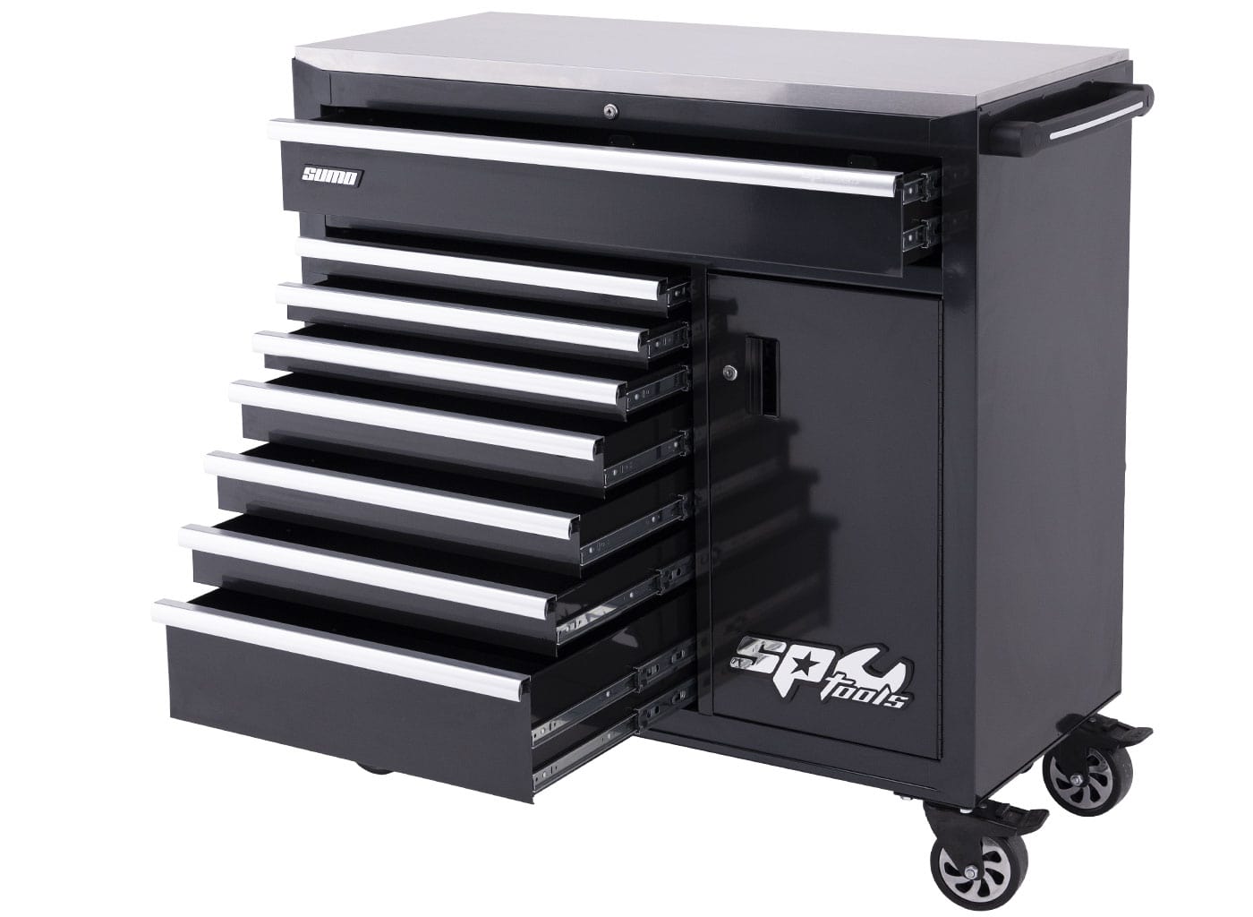 SP Tools Sumo Series 9 Drawer Black Roller Cabinet Tool Trolley (Empty) with Power Tool Cabinet SP40118
