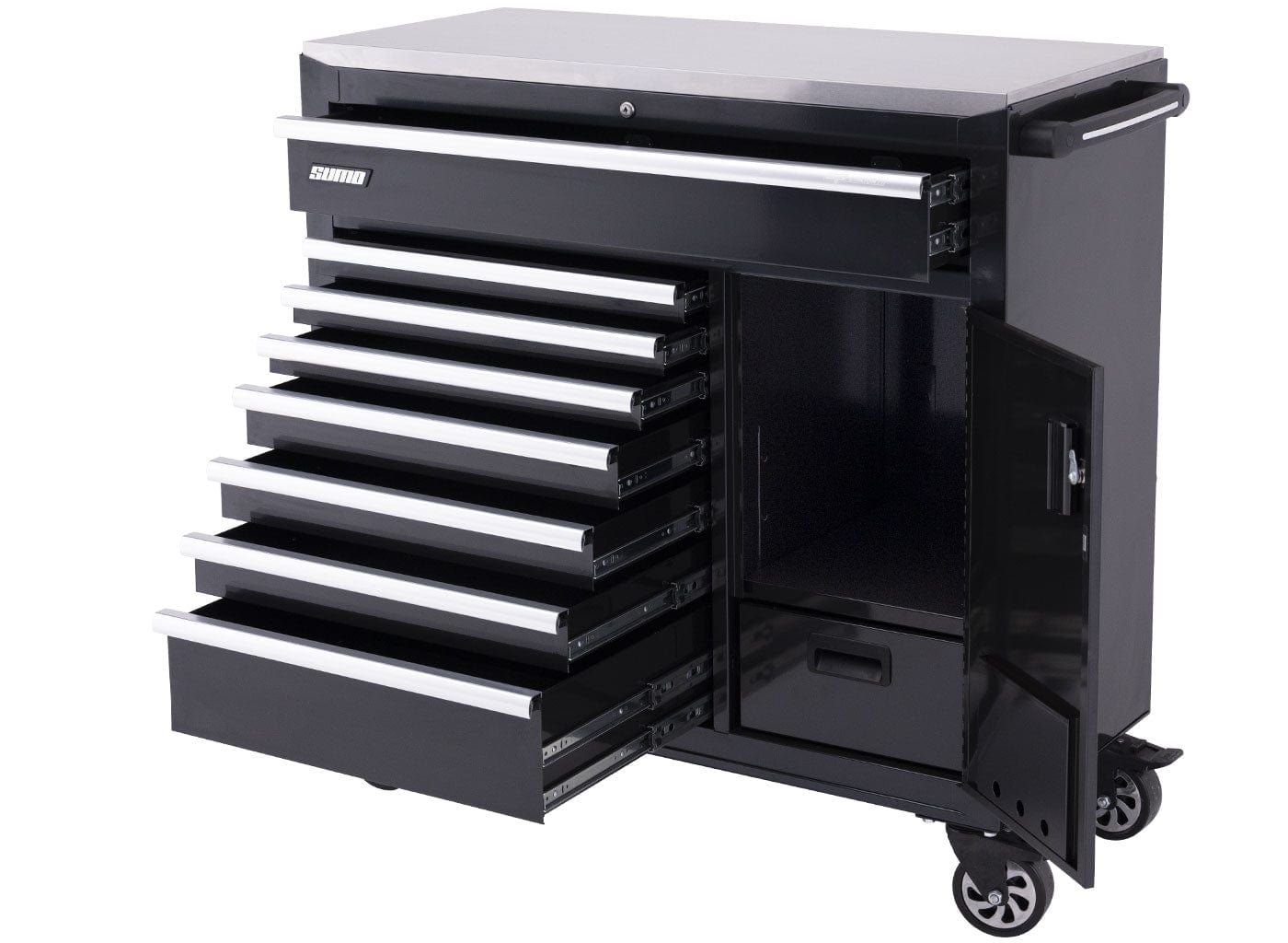 SP Tools Sumo Series 9 Drawer Black Roller Cabinet Tool Trolley (Empty) with Power Tool Cabinet SP40118