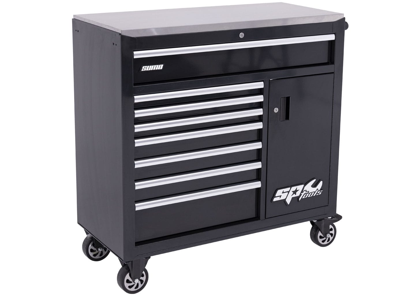 SP Tools Sumo Series 9 Drawer Black Roller Cabinet Tool Trolley (Empty) with Power Tool Cabinet SP40118