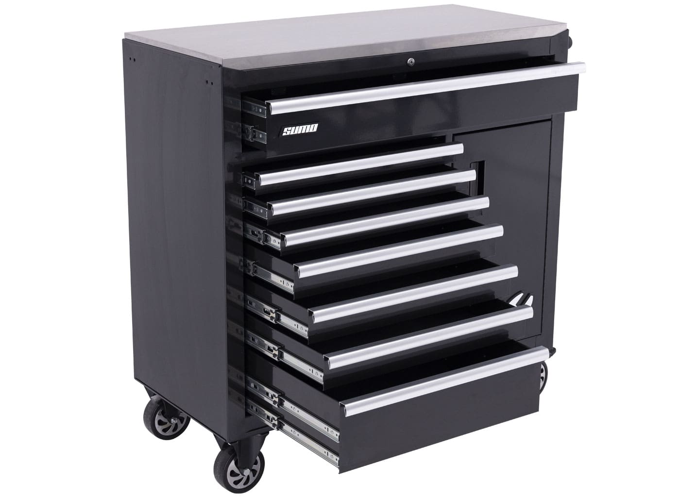 SP Tools Sumo Series 9 Drawer Black Roller Cabinet Tool Trolley (Empty) with Power Tool Cabinet SP40118