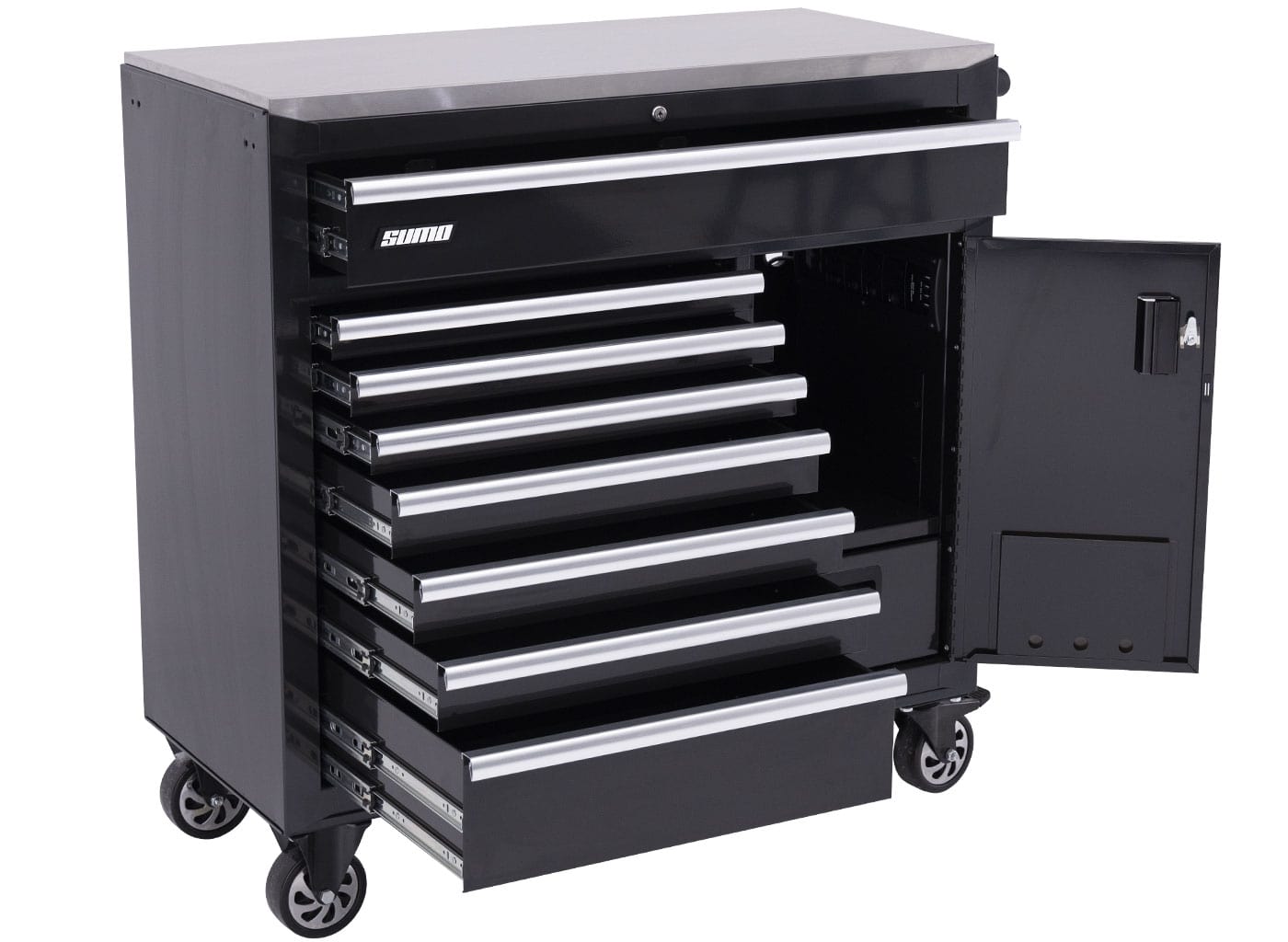 SP Tools Sumo Series 9 Drawer Black Roller Cabinet Tool Trolley (Empty) with Power Tool Cabinet SP40118