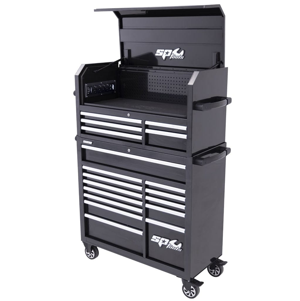 SUMO Series Power Hutch Tool Box, 18 Drawer, Black/Chrome Handles - SP40698 by SP Tools