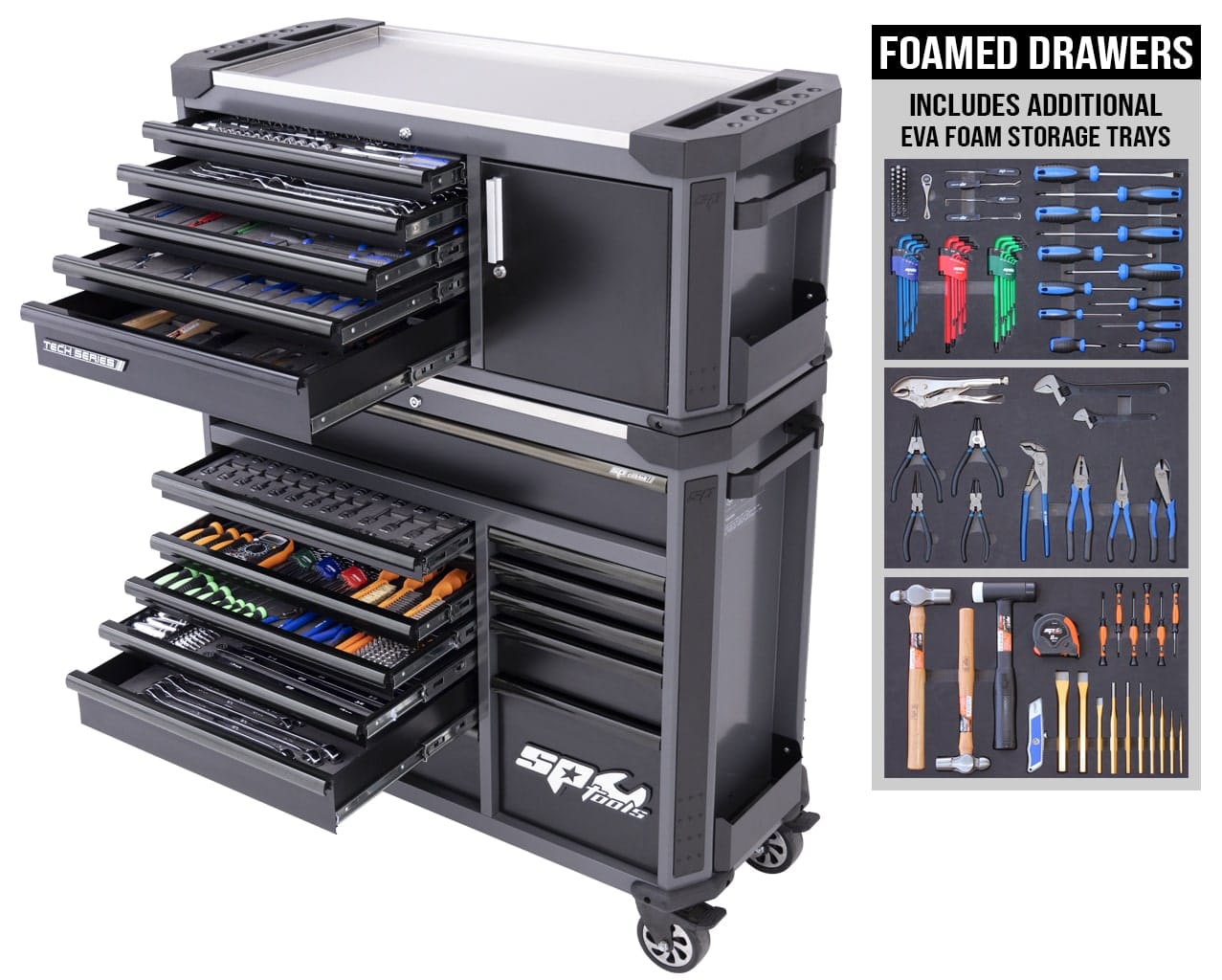 SP Tools Tech Series 631Pce Metric/SAE Tool Kit with Power Tool Cupboard and Bonus EVA Storage Trays SP52387DX