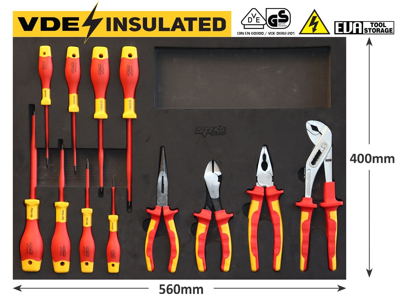 SP Tools Foam Tray Tool Kit 12Pce VDE Insulated Screwdrivers & Pliers EVA Tool Tray (With Tools) SP55910