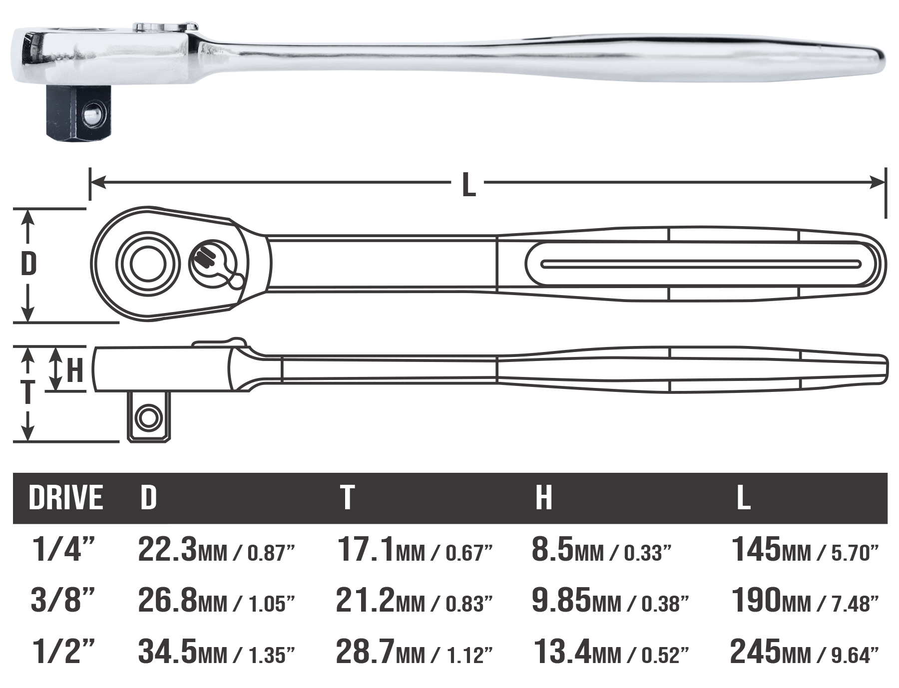 SP Tools 3Pce Ultra Thin 1/4”, 3/8” and 1/2”Dr Ratchet Set SP29349
