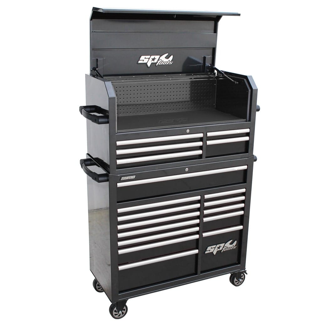 SUMO Series Power Hutch Tool Box, 18 Drawer, Black/Chrome Handles - SP40698 by SP Tools
