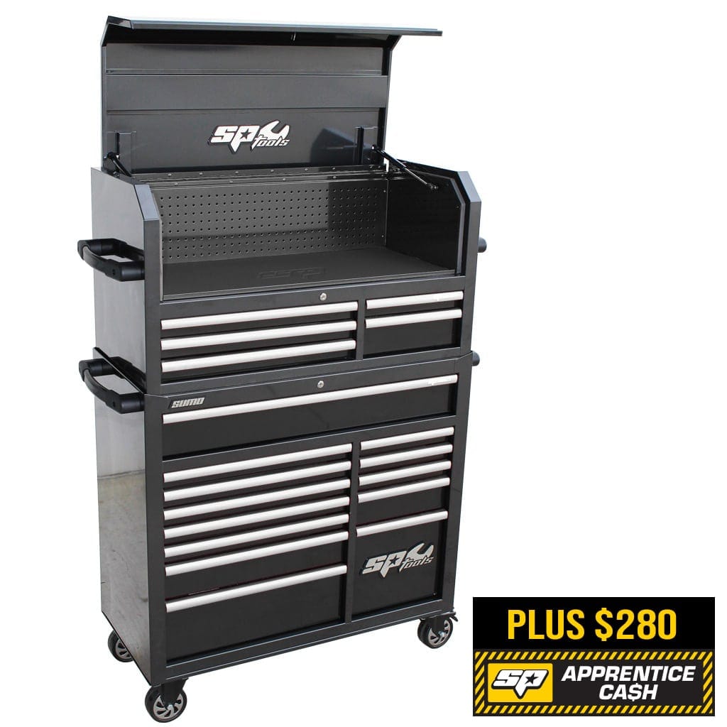 SUMO Series Power Hutch Tool Box, 18 Drawer, Black/Chrome Handles - SP40698 by SP Tools