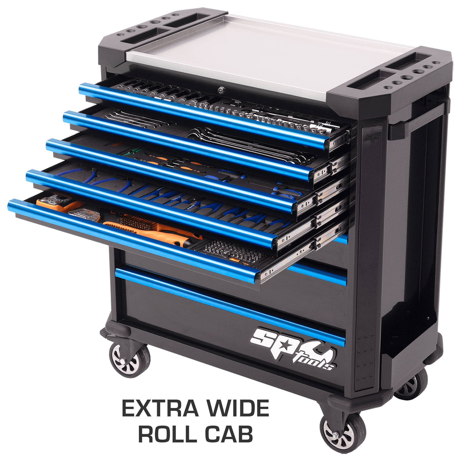 SP Tools Tech Series Ultra Wide Roller Cabinet 448pc Metric & SAE Tool Kit Plus Extra Eva Trays SP52528