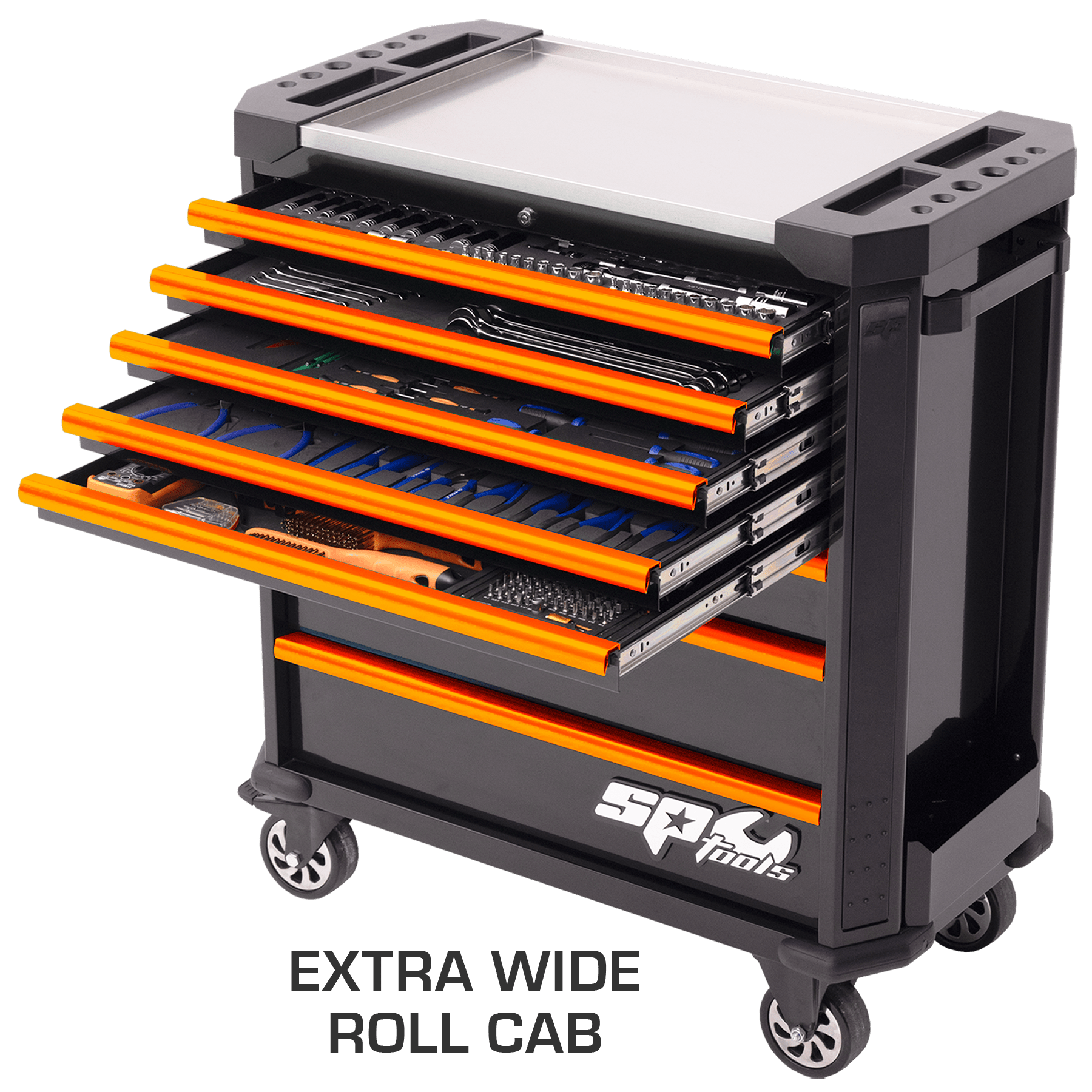 SP Tools Tech Series Ultra Wide Roller Cabinet 448pc Metric & SAE Tool Kit Plus Extra Eva Trays SP52528