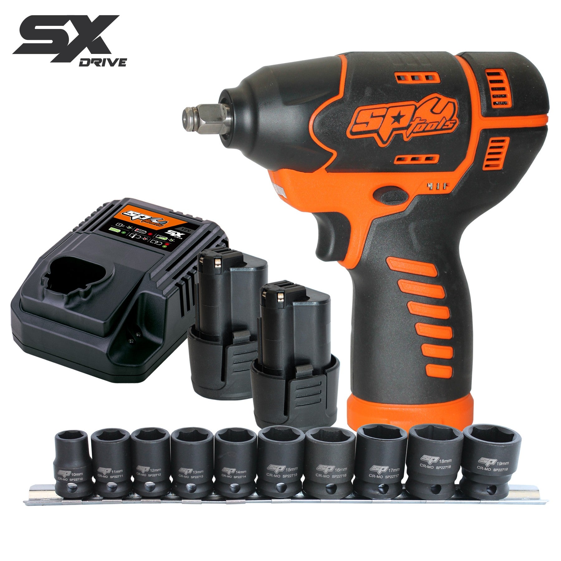 SP Tools 12v 3/8"Dr SX Drive Impact Wrench Kit With x2 2.5Ah Batteries And Impact Socket Set SP83114