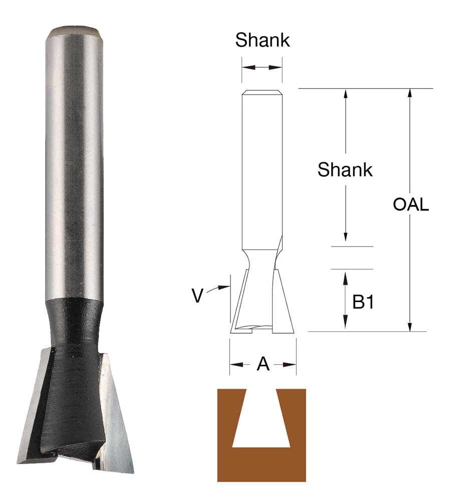 TruaCuT 16mm x 1/4" Shank Dovetail Router Bit - Shallow with Bearing TB1907