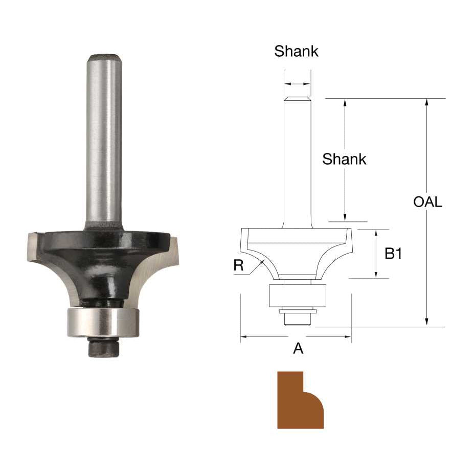 TruaCut 1/4" Shank 16mm x 2mm Rounding Over Router Bit with Bearing TB503