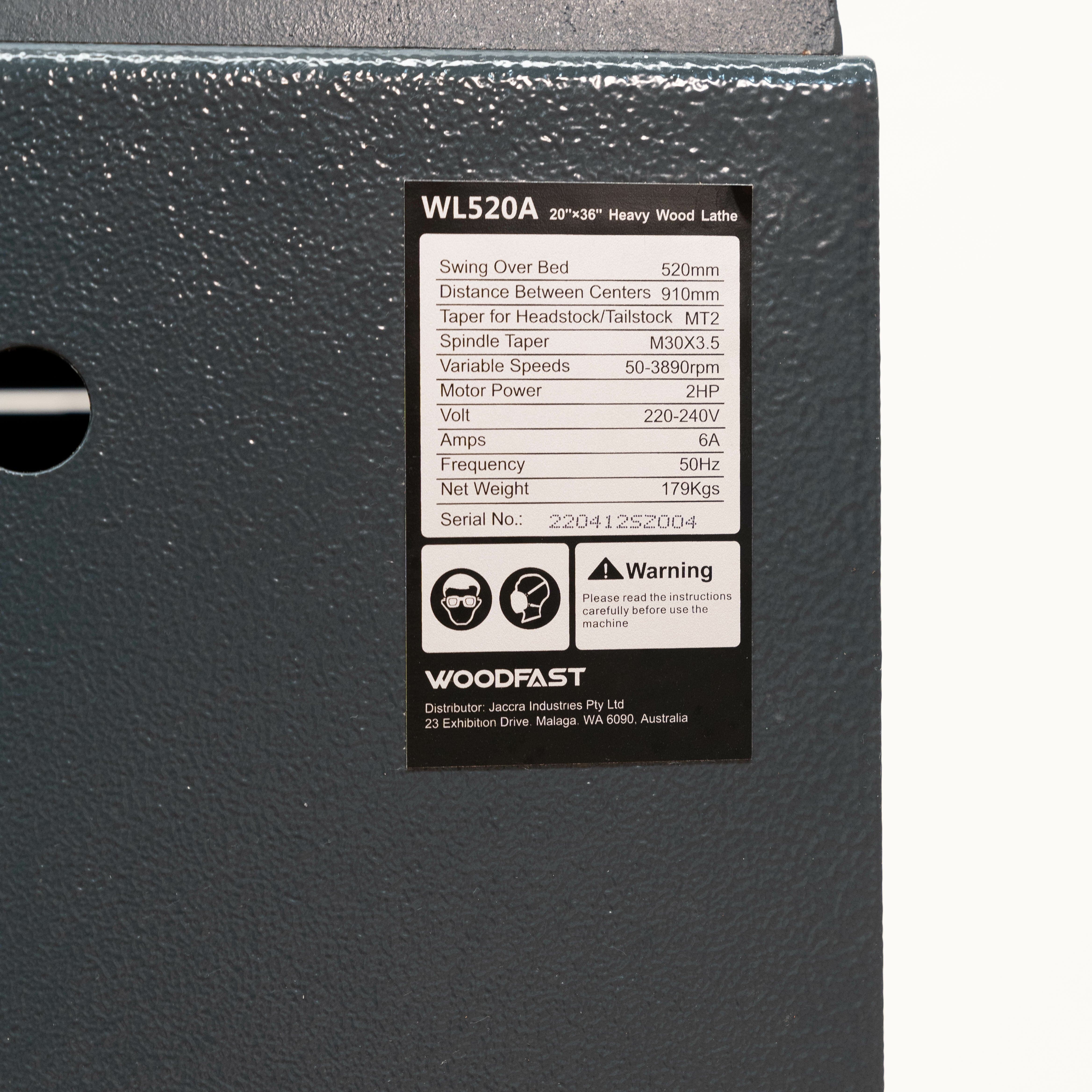 Woodfast 510mm (20") Swing x 915mm (36") Between Centres Heavy Duty Wood Lathe WL520A