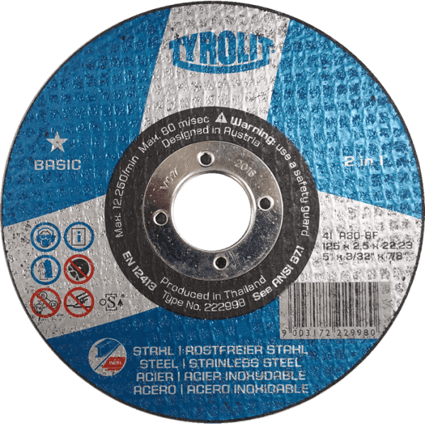 Tyrolit 125mm (5") x 2.5mm x 22.23mm Basic Cutting Disc Y222998