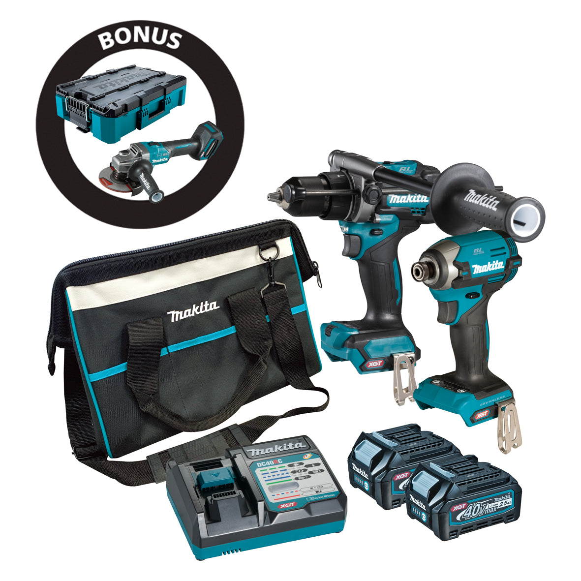 Makita 2Pce 40V Max Brushless 2Pce Combo Hammer Drill + Impact Driver Kit DK0176G206-B *Limited Edition - Bonus Grinder GA005GZ + Bonus T-90037 Maktrak Medium Tool Box*