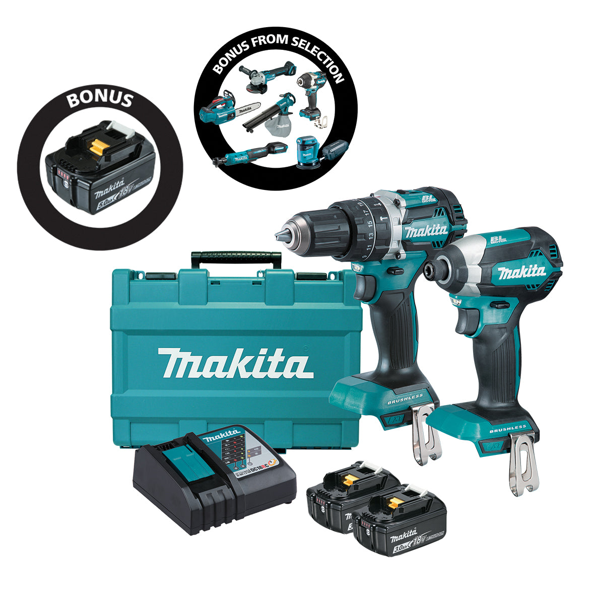 Makita 2Pce 18V 3Ah Brushless Hammer Drill + Impact Driver Kit DLX2180X-B *Limited Edition - Bonus 5Ah Battery + Bonus Skin*