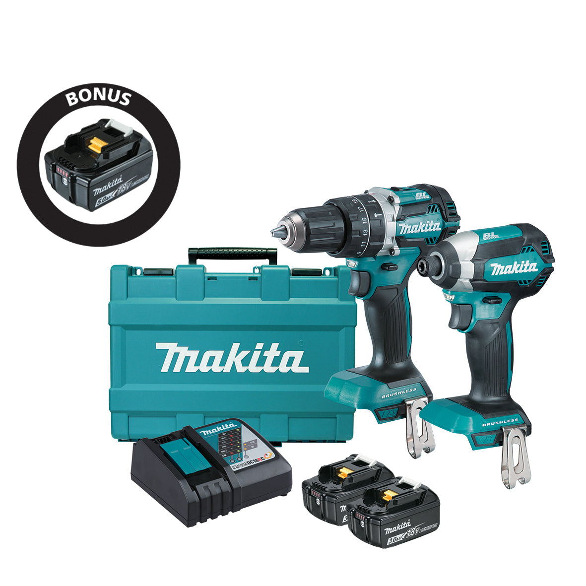 Makita 2Pce 18V 3Ah Brushless Hammer Drill + Impact Driver Kit DLX2180X-B *Limited Edition - Bonus 5Ah Battery*