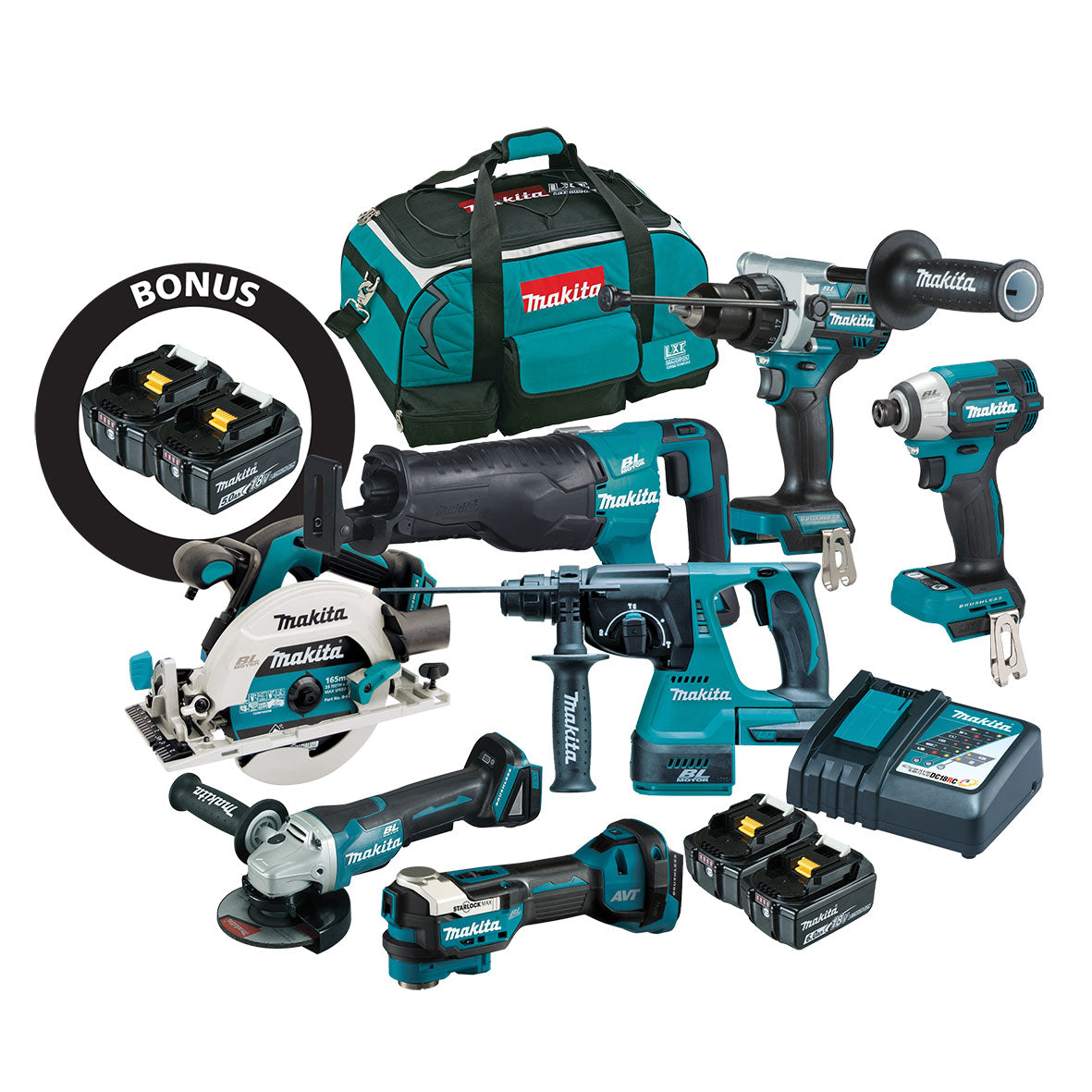 Makita 7Pce 18V Brushless Combo Kit With BONUS 5.0Ah Batteries DLX7036GX1