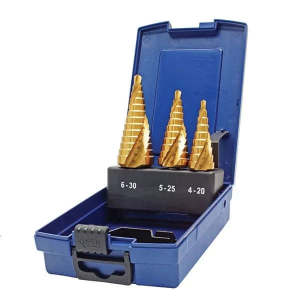 Spiral Flute Step Drill Set, 3Pce, 4-20mm/5-25mm/6-30mm SDSET-1 by Holemaker