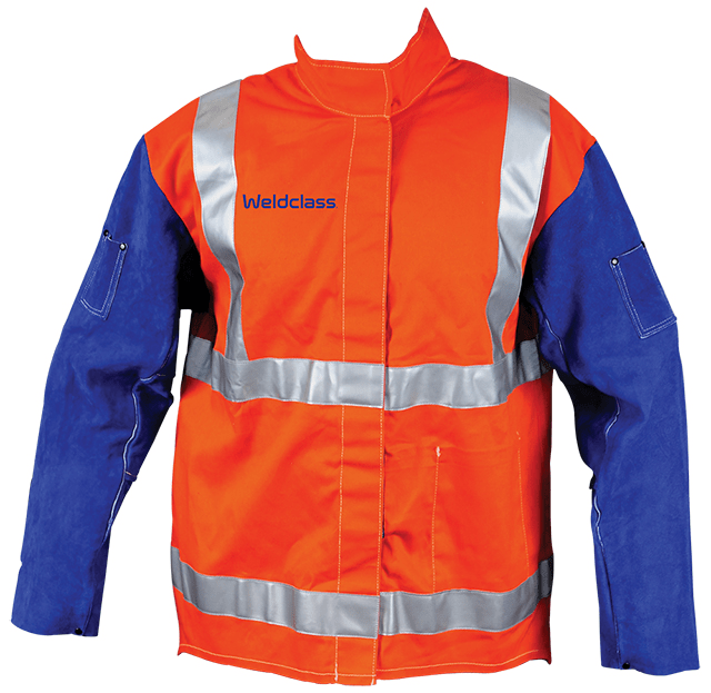 Weldclass Hi-Vis Welding Jacket with Leather Sleeves + Harness Flap PROMAX HV2 FR