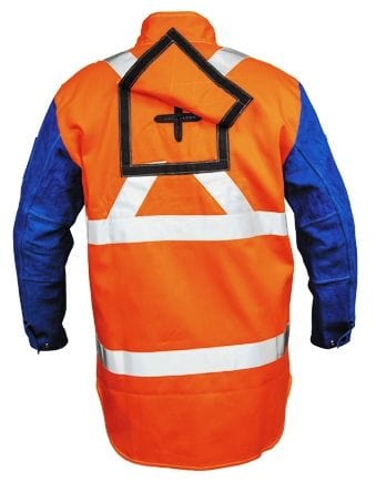 Weldclass Hi-Vis Welding Jacket with Leather Sleeves + Harness Flap PROMAX HV2 FR