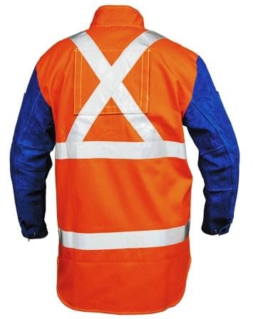 Weldclass Hi-Vis Welding Jacket with Leather Sleeves + Harness Flap PROMAX HV2 FR