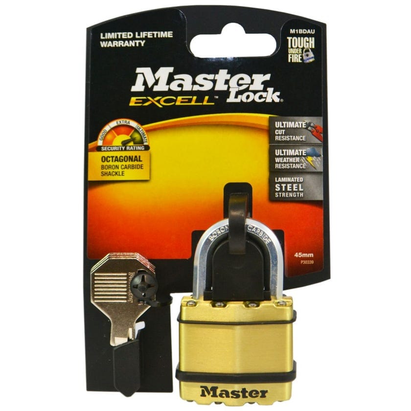 Master Lock 45mm Excell Brass Covered Laminated Steel Padlock With 25mm Shackle M1BDAU
