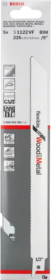 Bosch S 1122 VF Flexible for Wood and Metal Reciprocating Saw Blades 5 Pack 2608654981