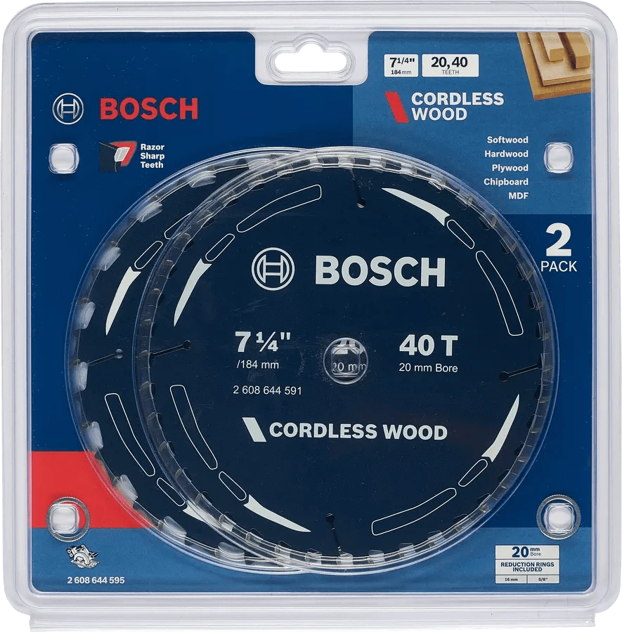 Bosch 184mm (7-1/4") x 20 x 40T and 20T 2Pce Circular Wood Saw Blade 2608644595