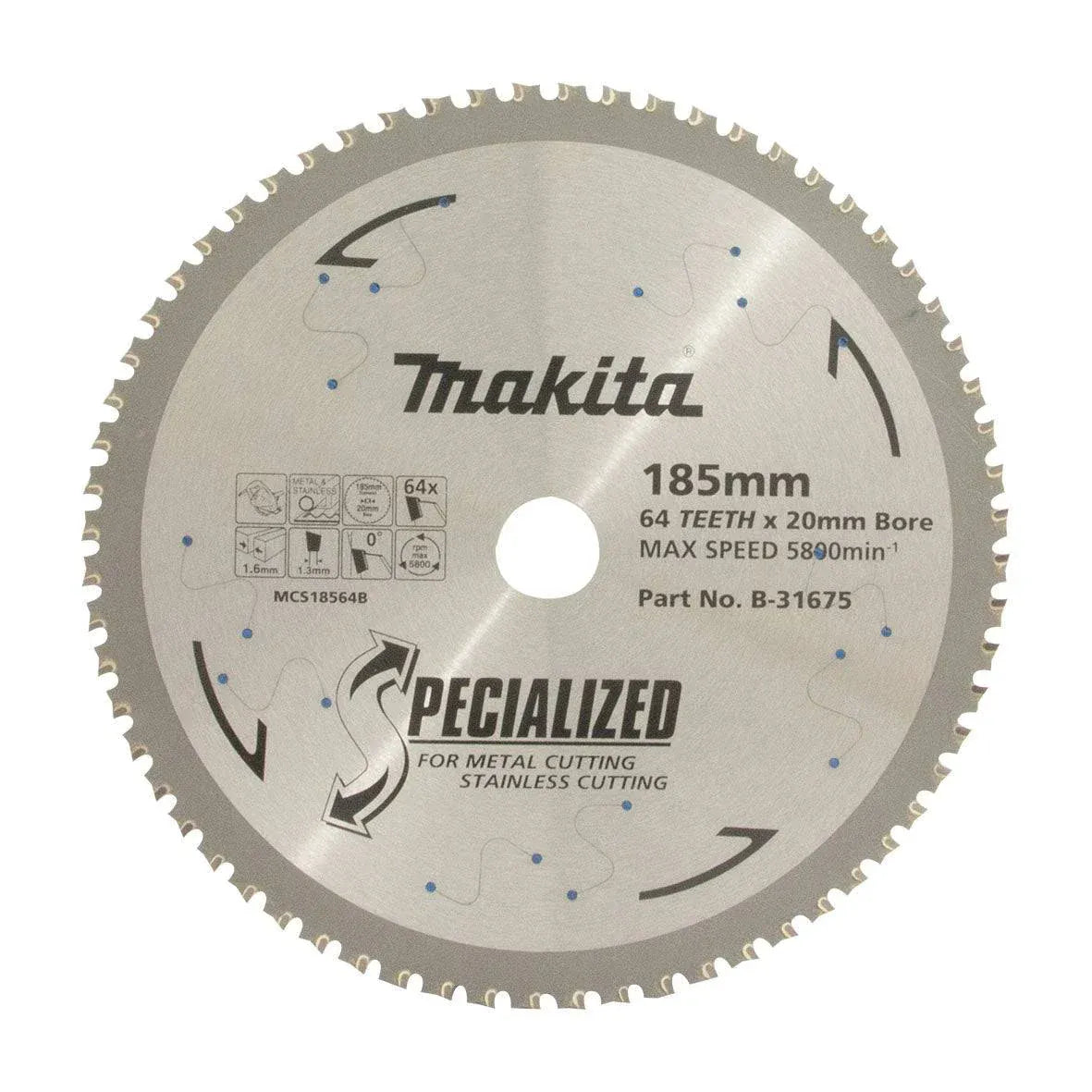 Makita 185mm x 20mm x 64T Cold Cut Circular Saw Blade - 304 Grade Stainless Steel Cutting B-31675