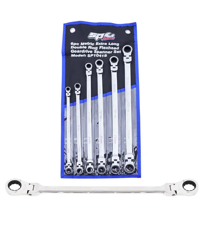 SP Tools Extra Long 6Pce Metric Flex Head Double Gear Drive Ring Spanner Set SP10418