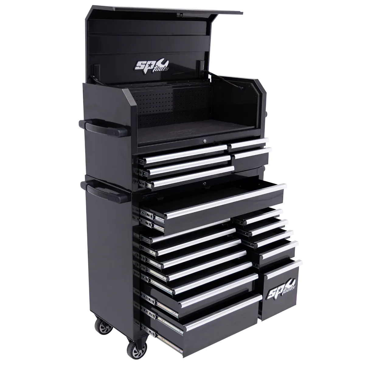 SUMO Series Power Hutch Tool Box, 18 Drawer, Black/Chrome Handles - SP40698 by SP Tools