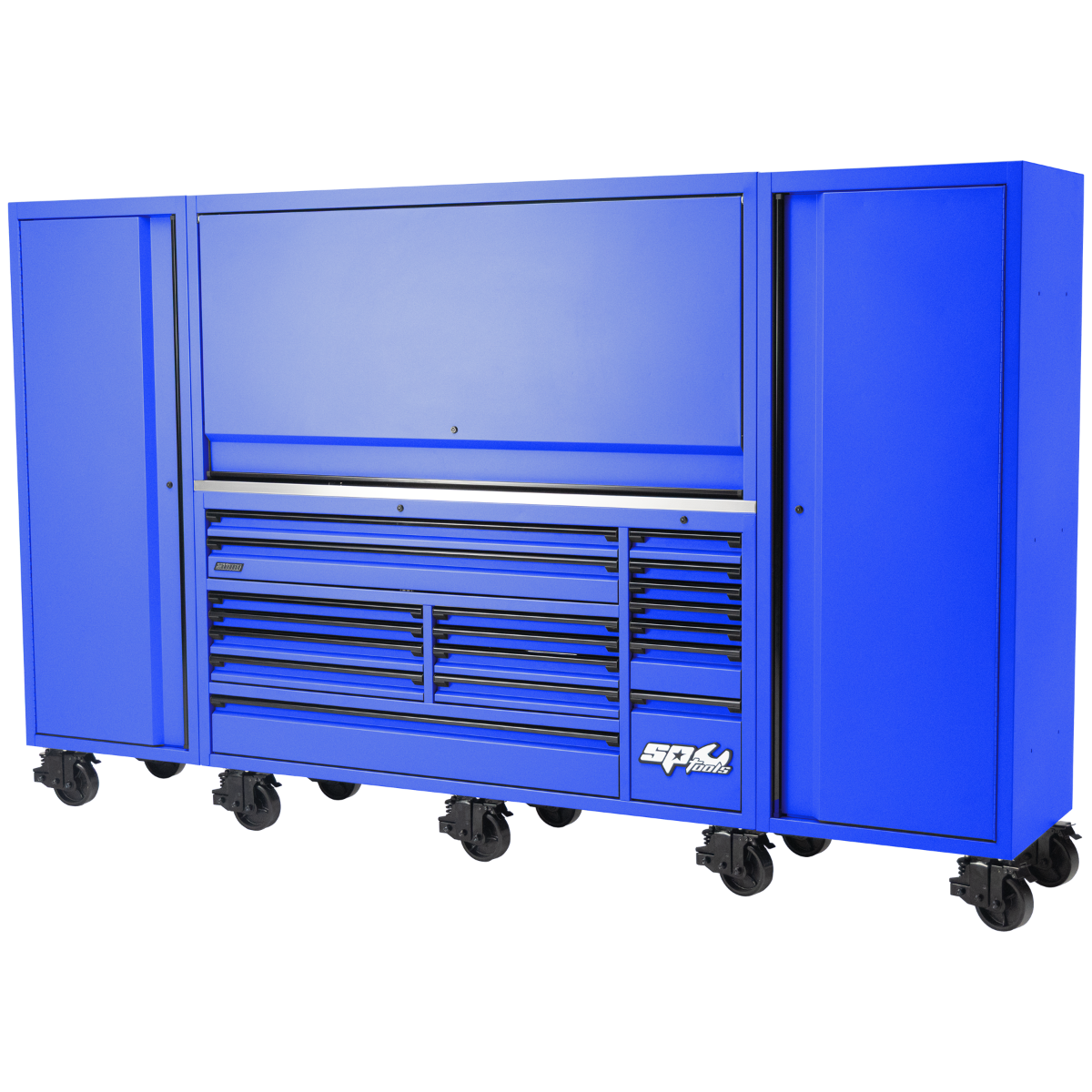 SP Tools 128" USA Sumo Series Workstation Roller Cabinet, Top Hutch and 2x Side Cabinets | Matte Grey SP44897GY | Blue SP44897BL