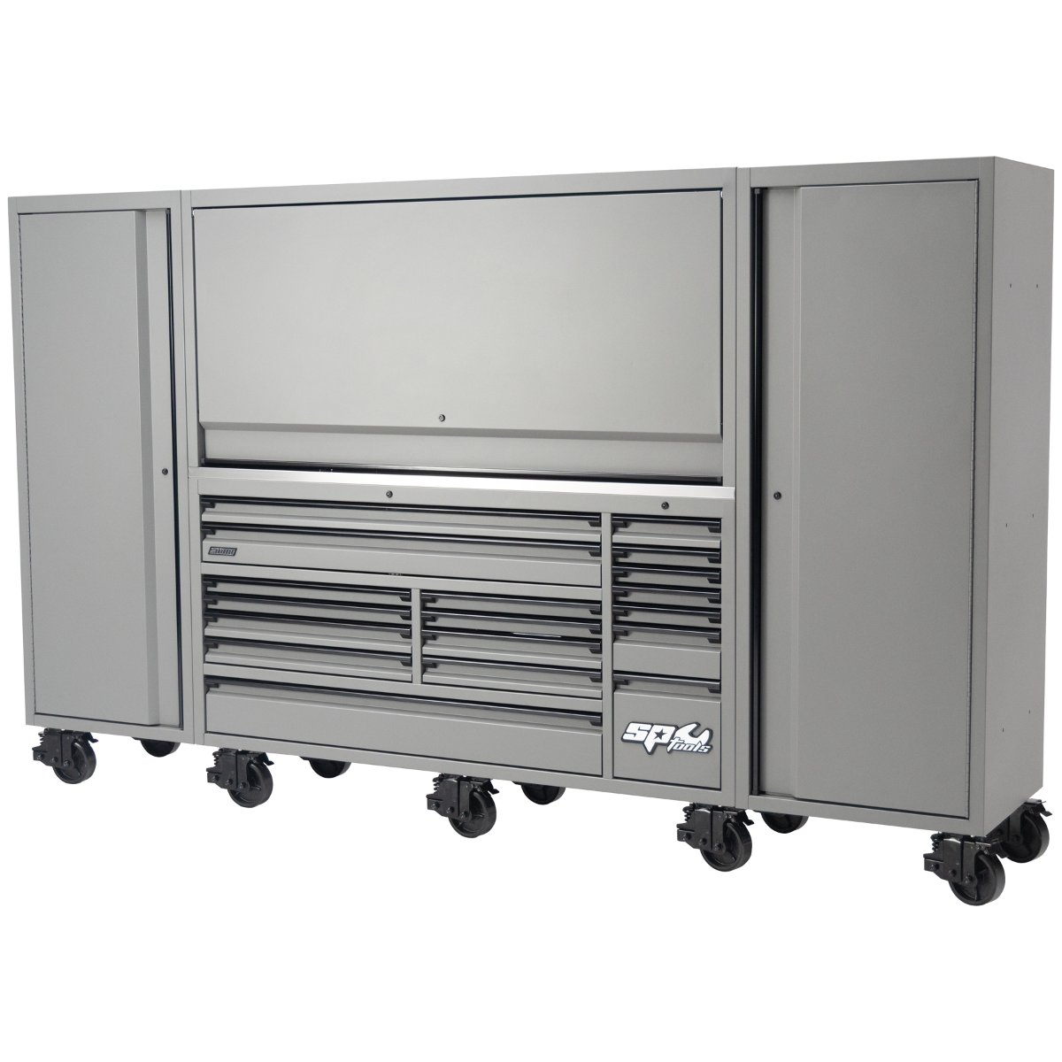 SP Tools 128" USA Sumo Series Workstation Roller Cabinet, Top Hutch and 2x Side Cabinets | Matte Grey SP44897GY | Blue SP44897BL