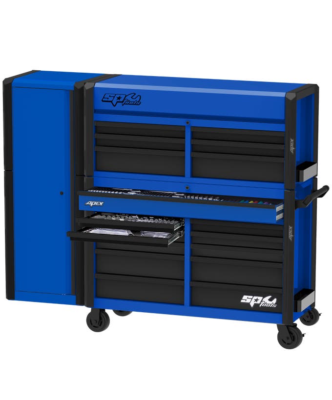 SP Tools 80" Apex Series Power Hutch Workstation Combo Tool Kit – 543Pce Metric / SAE – Blue/Black or Grey/Black