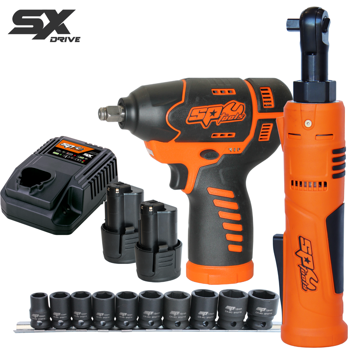 SP Tools SX Drive 12v 3/8"Dr Combo Impact Wrench & Mini Ratchet Wrench Kit and Impact Socket Set SP83144