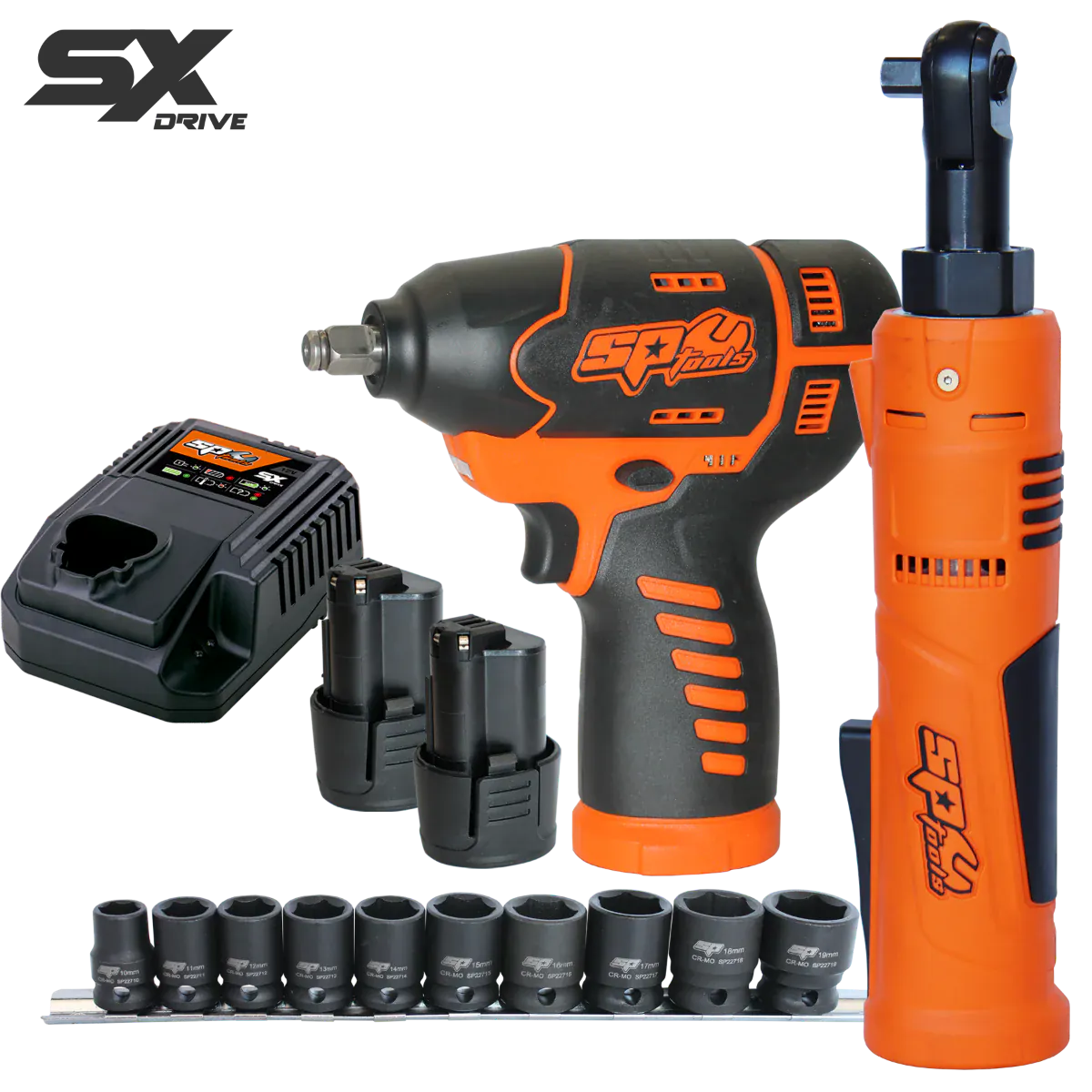 SP Tools SX Drive 12v 3/8"Dr Combo Impact Wrench & Mini Ratchet Wrench Kit and Impact Socket Set SP83144