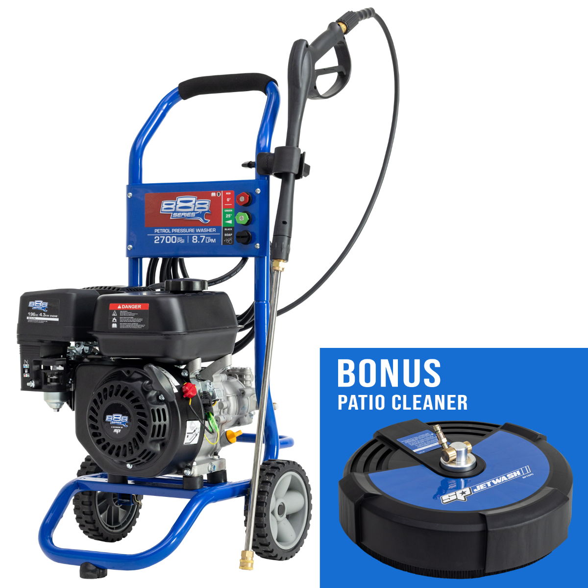 SP Tools 888 Series 2700PSI 8.7LPM Petrol Pressure Washer with Bonus 15" Patio Cleaner T8240PLE